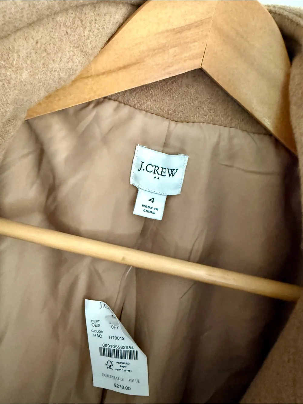 NWT J Crew Women's Button-Neck Wool blend Cocoon Camel Tan City Coat size 4